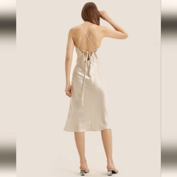 Silk Satin Slip Midi Dress (Light Beige) - NAP Loungewear - Picture 3 of 12